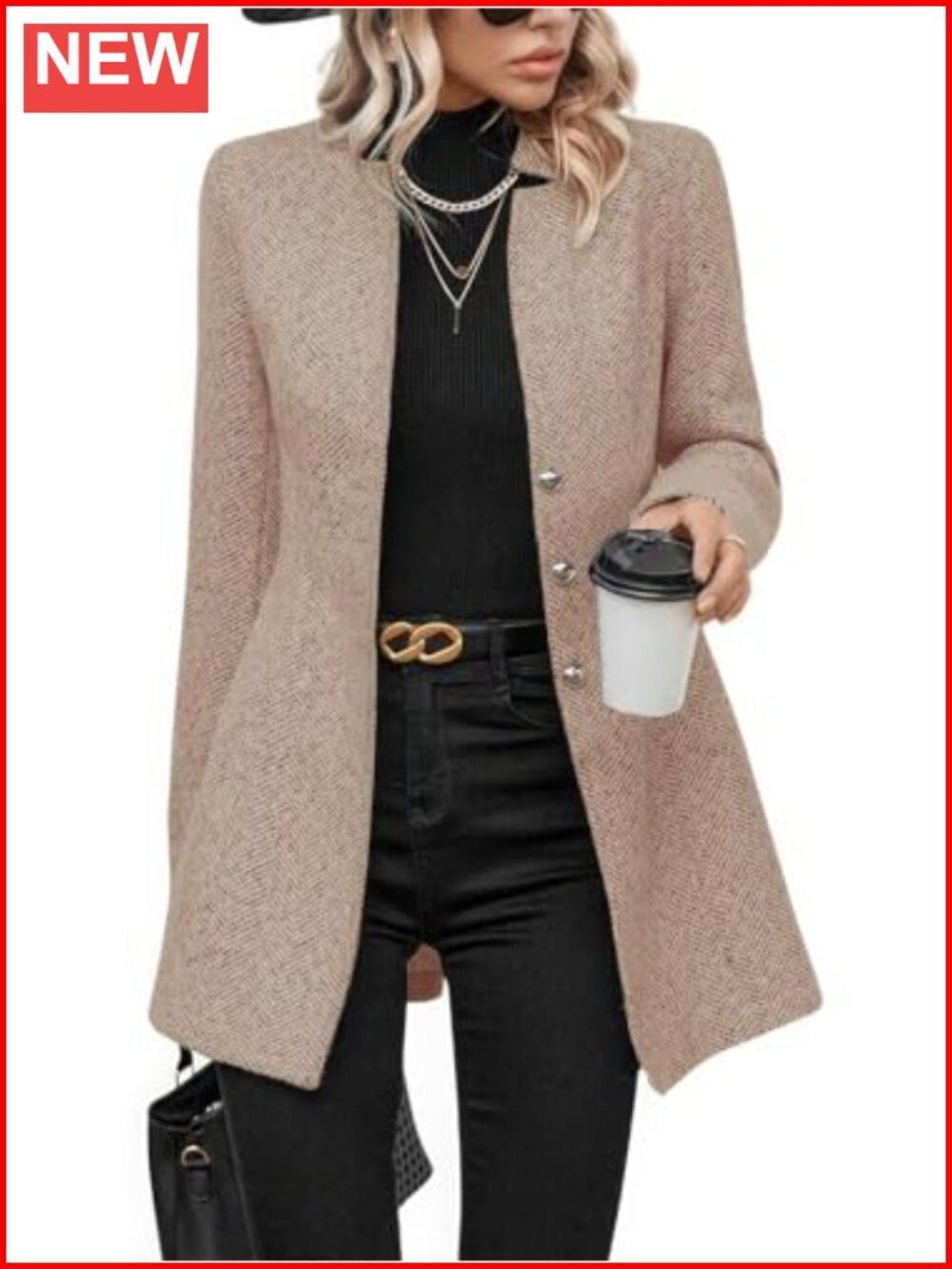 Women's Herringbone Wool Blend Blazer Notch Collar Button Down Long Sleeve